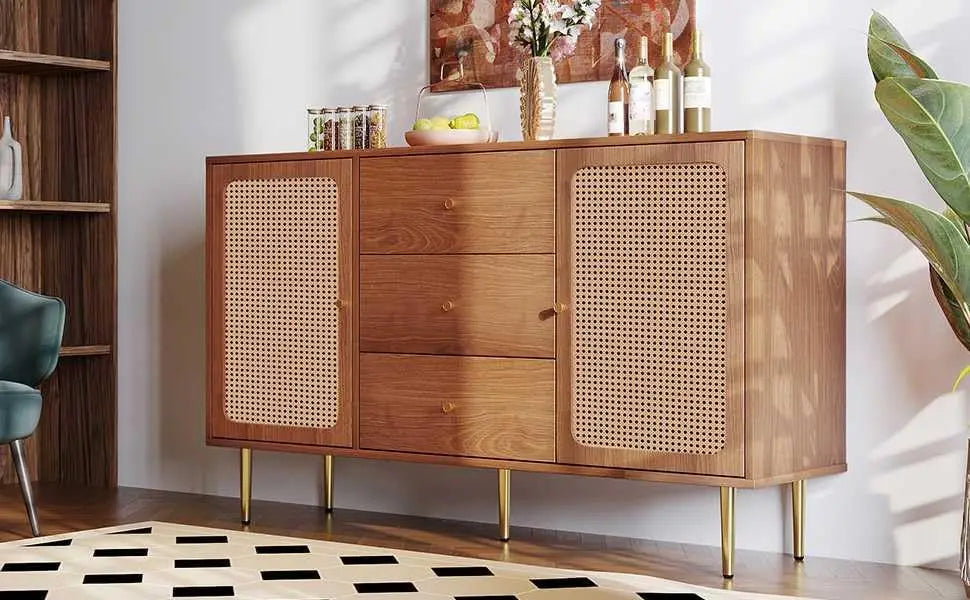Walnut Rattan Sideboard Cabinet – Modern Storage Cabinet with 2 Doors & 3 Drawers