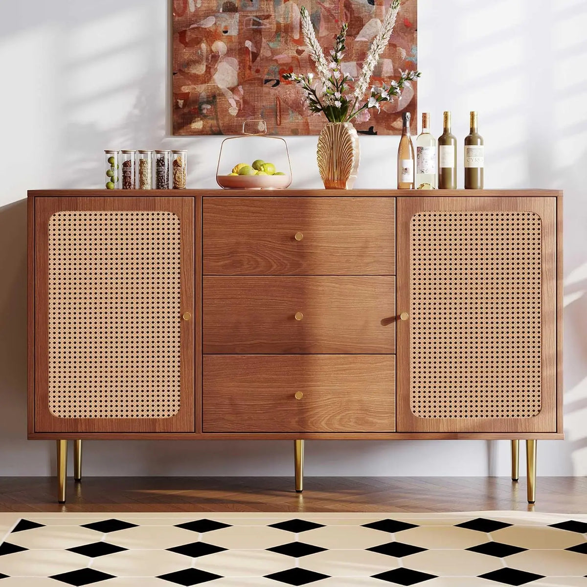 Walnut Rattan Sideboard Cabinet – Modern Storage Cabinet with 2 Doors & 3 Drawers