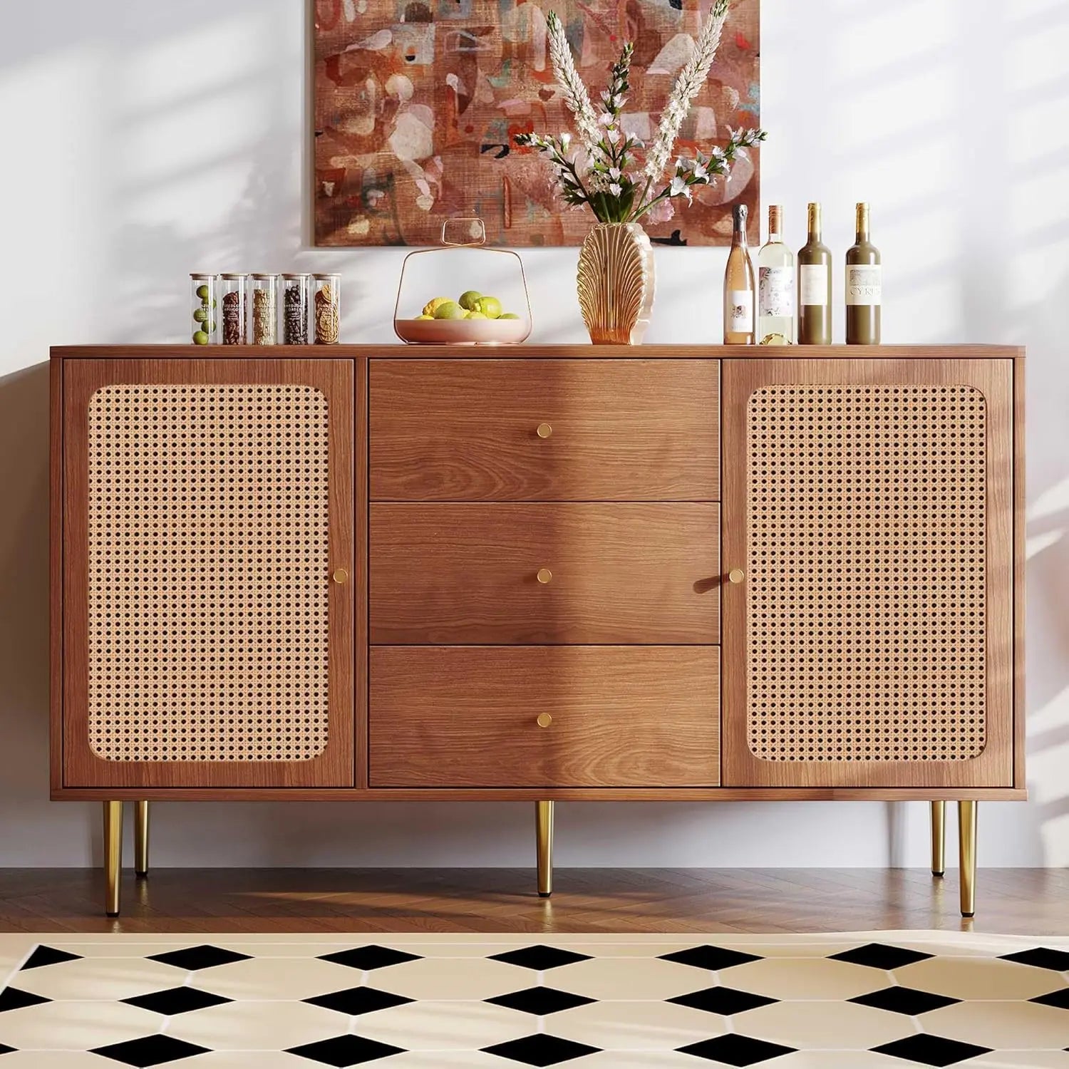 Walnut Rattan Sideboard Cabinet – Modern Storage Cabinet with 2 Doors & 3 Drawers