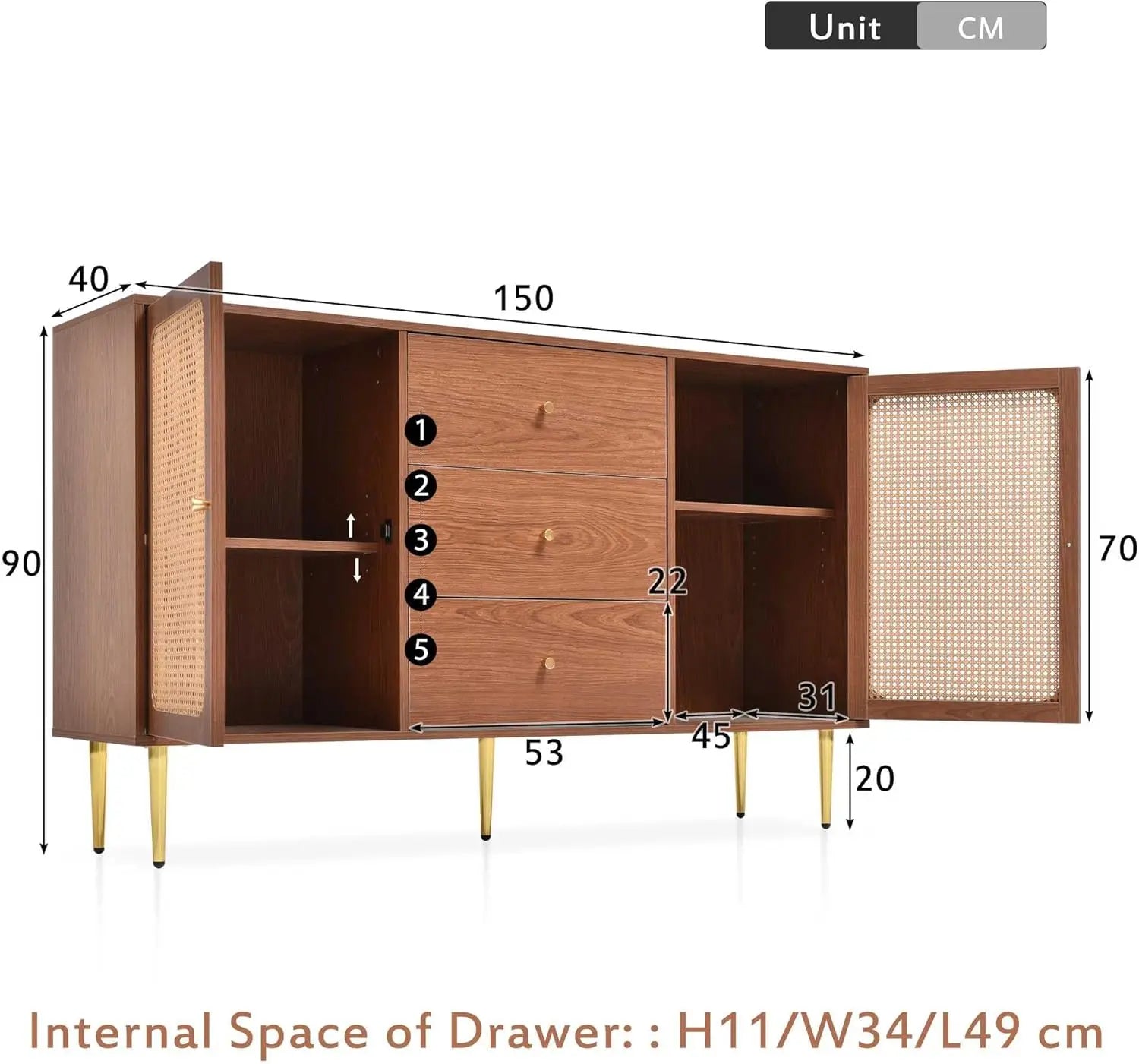 Walnut Rattan Sideboard Cabinet – Modern Storage Cabinet with 2 Doors & 3 Drawers